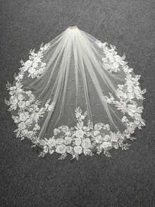 1 Pc Pearl Fingertip Length 37.4inch(95cm) Lace Floral Wedding Bridal Veil With Metal Comb For Wedding Party White Ivory Fall Clothes For Women Valentine's Day Accessories - 彩色 - 查看 3