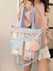 Fashion Color Block Tote Bag, Large Capacity Shoulder Crossbody Bag, Zipper Closure, Versatile For Shopping, Fits Phone, Wallet, Suitable For Stylish Middle-Aged & Young Women - Baby Blue - View 8