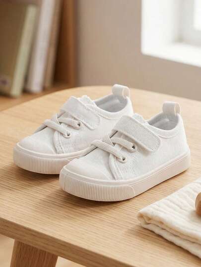 1 Pair Classic White Canvas Baby Sports Shoes, With Strap, Soft Sole And Lace-Up Design, Suitable For Toddler Boys And Girls Casual Round Toe Shoes, For School And Daily Wear