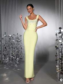 Sexy One-Shoulder Square Neck Sleeveless Sparkling Rhinestone Bodycon Mini Dress, Suitable For Dates, Singles Parties, Gatherings, Balls, Graduations, Galas, Weddings, Formal Occasions, Evening Gowns - Light Yellow - View 7