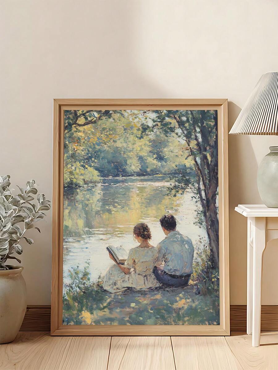 1幅浪漫河畔阅读画，印象派情侣油画，复古夏日艺术，文学主题墙饰，爱书人士礼物，复古天鹅湖艺术画，浪漫风景画，节日礼物，送给朋友的理想礼物，卧室艺术画，客厅装饰，办公室装饰，厨房装饰，浴室装饰，墙面艺术，墙面装饰，家居装饰，房间装饰，帆布墙画，海报，带框墙画，可选画框 - A - 查看 1