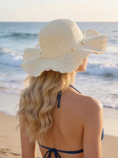 1顶女士卡其色波浪纹沙滩遮阳帽，饰有仿珍珠和蝴蝶结，优雅沙滩旅行度假遮阳帽