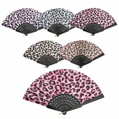 Quạt xếp họa tiết da báo thanh lịch, khung đen, chủ đề công chúa thời trang, nhẹ và dễ mang theo, quạt cầm tay dành cho nữ, quạt chủ đề công chúa, quạt nhẹ.