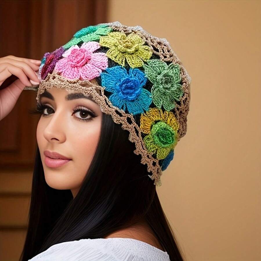 Vibrant Bohemian Crochet Womens Beanie| Lightweight Artistic Floral Cap With Unique Hollow-Out Design - Adjustable Vintage Style For Spring/Summer - Random Flower Colors - Breathable, Stretch, Pull-On Closure - Khaki 1 - View 1