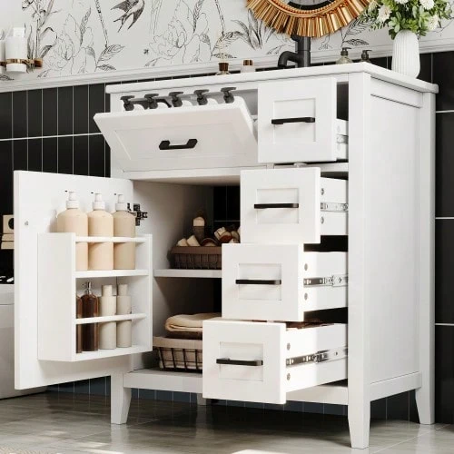 Bathroom Vanities & Medicine Cabinets - White + Ceramic + MDF - View 1