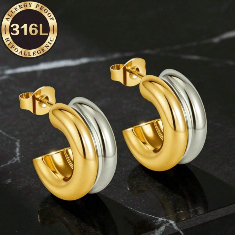 High Quality 316L Stainless Steel Hypoallergenic Golden Earrings, Double Ball Inner Groove Circular Earrings In Gold & Silver Color, Anti-Fading, Comfortable & Versatile, Minimalist & Elegant, Suitable For Daily Wear Or Parties, Fashion Jewelry, Exquisite Gift For Women - Golden - View 1