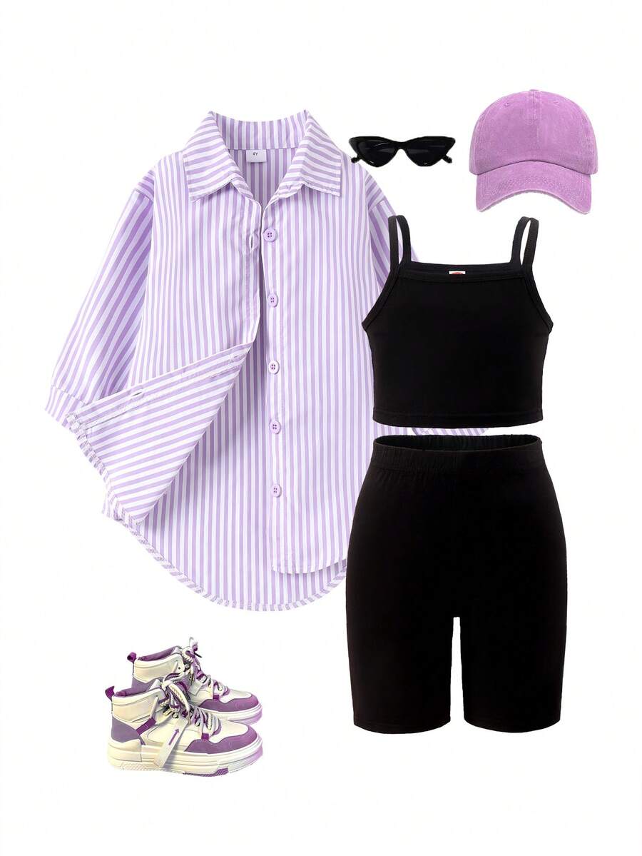 3pcs Girls (Small) Casual Long Sleeve Shirt, Camisole, Sports Shorts Set, Summer - 紫丁香色 - 查看 1