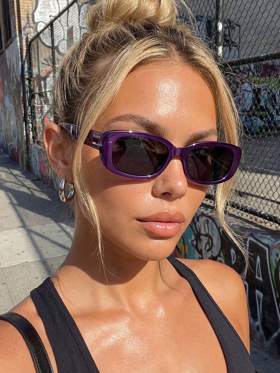 1 Pair Small Frame Square Shiny Y2K Hip-Hop Fashion Glasses, Suitable For Street Photography, Music Festivals, Parties, Vacations - 紫色 - 查看 1