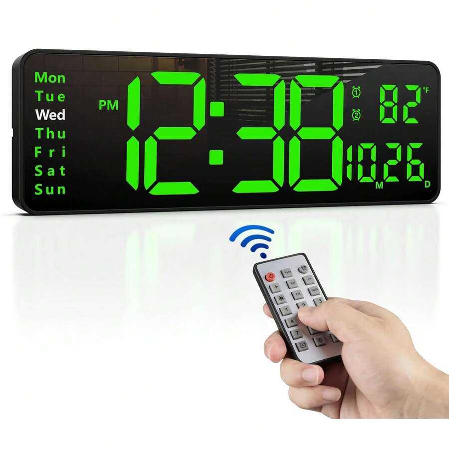 13-Inch Digital Wall Clock With Large Display, Spanish Language Display, Multifunction LED Clock With Time, Date, Day, And Temperature, 12/24H And ℃/℉ Format, Remote Control Included, Timer And Stopwatch, Easy-To-Read Electronic Clock For Home, Office, School, Gym, And Business, Clear Display For Seniors, Powered By Cable With Backup Memory