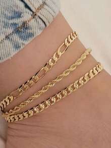 Set de 3 piezas Tobillera vintage de eslabón cubano, cadena de cuerda con cierre de langosta resistente, tobillera impermeable para playa, elegante, para festivales - Dorado - Ver 2