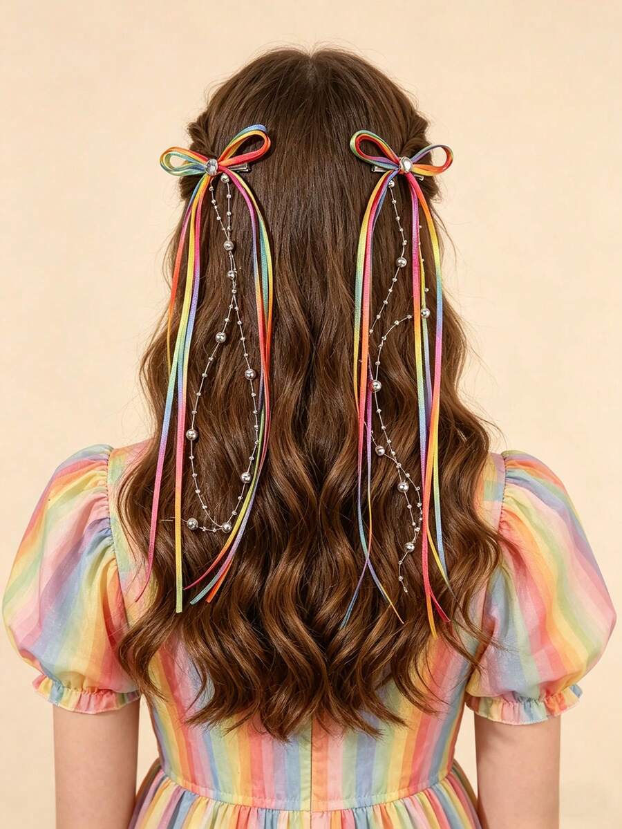 2pcs Ombre Ribbon Hair Clips, Rainbow Color Alligator Clips, Elegant Long Ribbon/Beaded Hair Clips, Vacation/Daily Hair Accessories, Delicate Gift For Teenagers - Multicolor - View 1