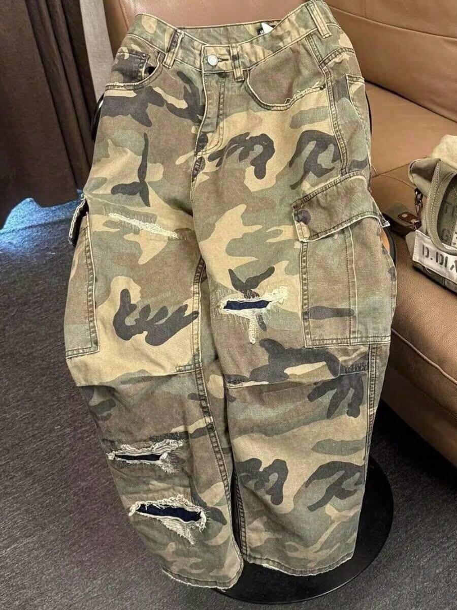 Fashion brand 2026 spring street washed camouflage trousers patch straight overalls men's and women's casual trousers fashion - color camuflaje - Ver 1