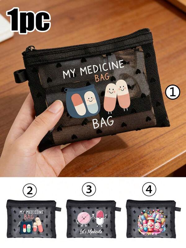 1pc Black Heart-Shaped Mini Portable Mesh Medicine Bag With Pill Series Letter Pattern, First Aid Kit, Medical Emergency Bag For Outdoor Home Use, Suitable For Travel Storage Bag, Cosmetic Bag, Makeup Bag