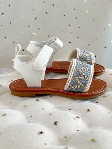 1 Pair 2026 New Girls' Knitted Pattern Open Toe Flat Sandals, Breathable. Lightweight And Secure Fit, Suitable For Girls' Daily Wear In Summer And Various Occasions. - Dusty Blue - View 4