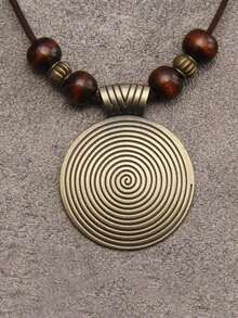1pc Threaded Wooden Beaded & Geometric Shape Alloy Pendant Necklace For Women, Vintage Sweater Chain - Bronze - View 9