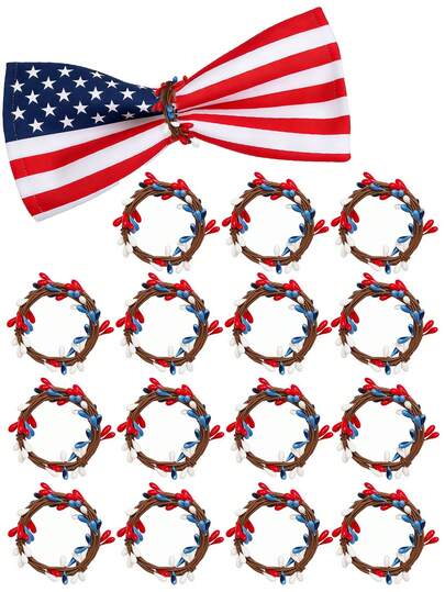 1/6/12/120 pièces Anneaux de serviette de baies colorées pour le 4 juillet, porte-serviettes de style rustique patriotique américain pour la fête de l'Indépendance, décoration de fête mini-couronne de baies pour le jour férié, mini-couronne de baies convenant pour le dîner de fête, décoration de maison pour la 250e fête de l'Indépendance (rouge blanc bleu)