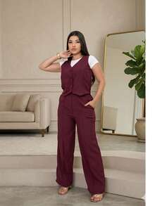 Women's Tailored Set: Vest And Wide-Leg Pants. Elegant, Casual, Chic, Modern, Conservative/Modest. Party/Fabric. Buttons Down The Front. Gathered Waist. Women's Formal Set. Office/Baby Shower/Formal And Evening. Holidays/Home/Summer, Spring And Autumn. - 酒紅色 - 查看 5