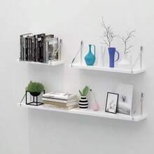 Conjunto de 3 Prateleiras Flutuantes de Parede Sem Furos com Ganchos - Prateleiras de Madeira Contemporâneas para Livros, Cozinha e Sala de Estar - 3 Tamanhos (Grande, Médio, Pequeno) para Exibição de Livros em Decoração Moderna e Minimalista - Branco - Ver 4