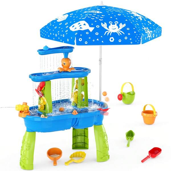 Water Table For Toddlers 3-5, 3-Tier Kids Splash Sand Table Water Toys With Umbrella, Rain Showers Splash Pond For Outdoor Beach Backyard Summer, Activity Sensory Playset For Boys Girls,Blue