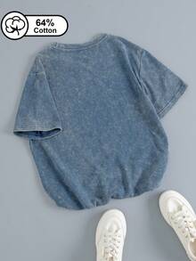 这款女士复古短袖T恤采用卡通粉色豹纹闪电图案，休闲百搭，圆领设计，居家日常穿着舒适自在。水洗工艺赋予其高级质感。夏季必备。 - 藍色 - 查看 2