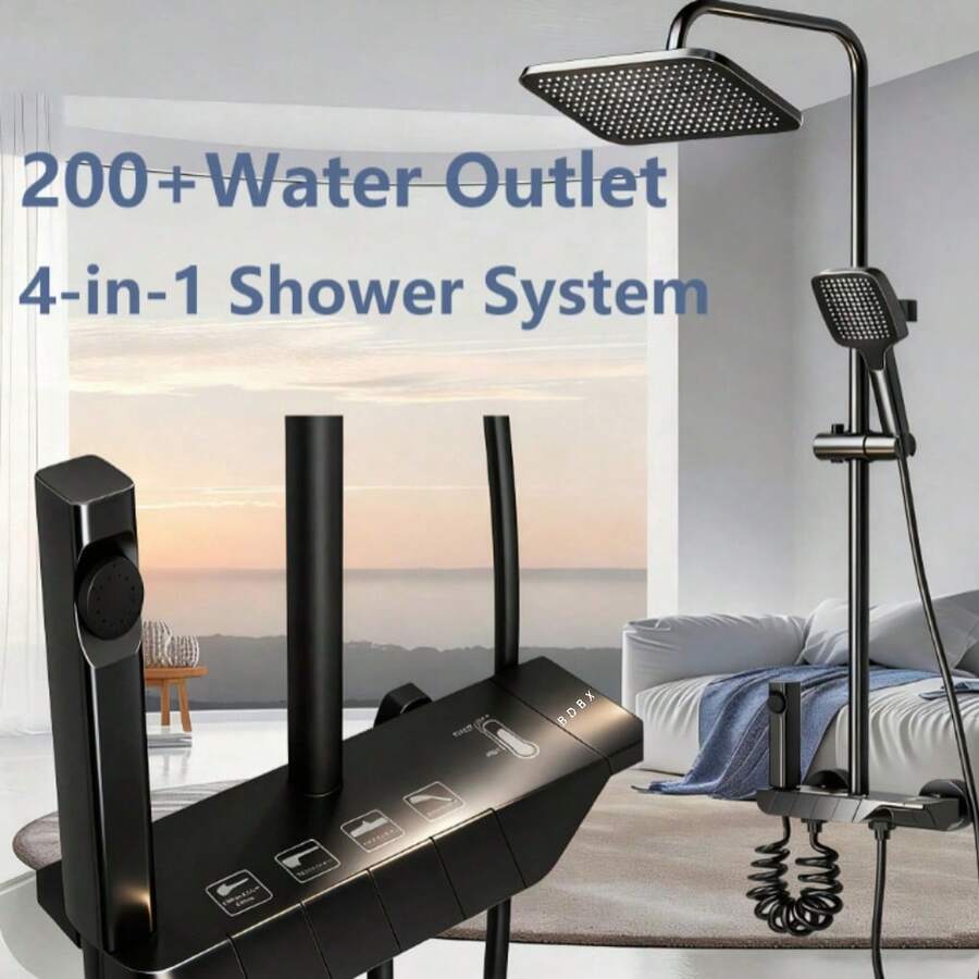 Luxury Matte Black Shower System, 4-Function Bathroom Set With Rain Shower Head And Handheld Shower Head, Durable Brass Construction, Wall-Mounted Home Spa Experience - Black - View 1