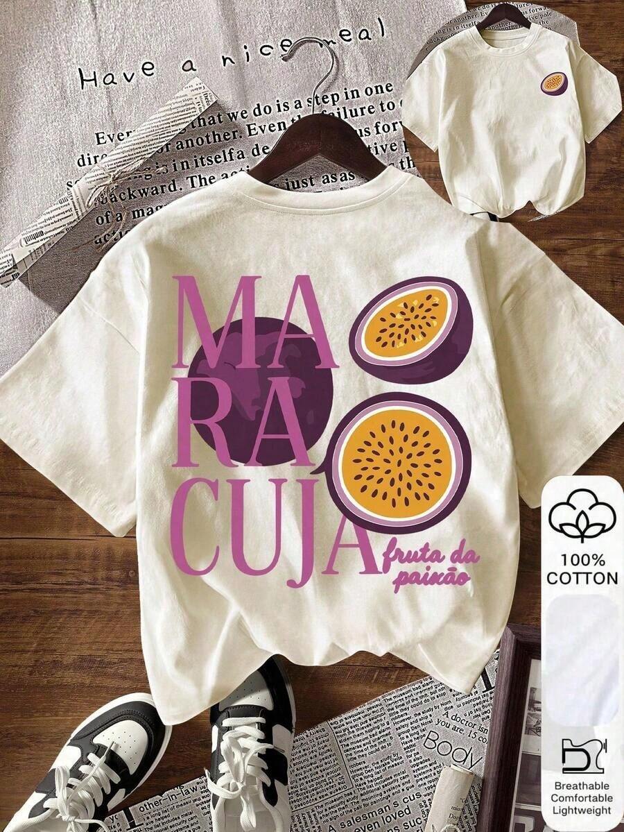 Camiseta de manga corta informal de verano con estampado de fruta y letra - Albaricoque - Ver 1