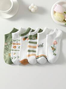 5 Pairs Women's White & Green Breathable Floral & Letter Pattern Ankle Socks, Cute & Comfortable, Random Colors, Suitable For All Seasons - Multicolor - View 4