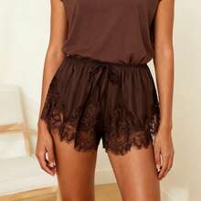 Boho Women's Lace Trim Satin Silk Shorts Shiny Elastic Waist Mini Shorts Pettipants Half Slip Shorts French Knickers Boyshorts For Dresses Full Coverage Underwear Lounge Pants - FJ305-棕色 - 查看 6
