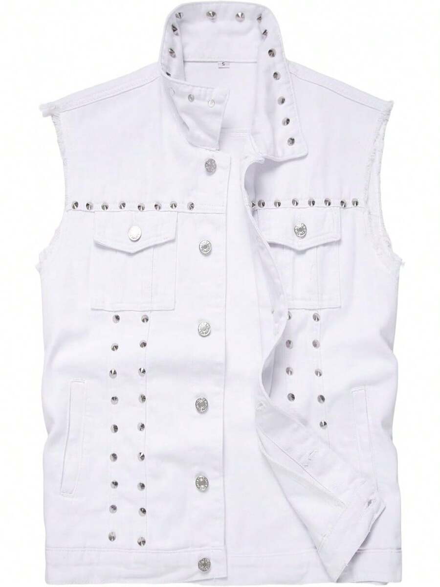 Men's Denim Vest Sleeveless Slim Fit Vintage Ripped Casual Denim Vest - White Rivets - View 1