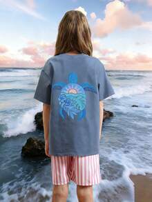 1pc Tween Girl Printed Short Sleeve T-Shirt, Student Youth Clothing, Summer Gift - Dusty Blue - View 4