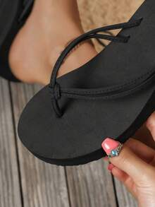 Dép xỏ ngón đế cao 4cm màu đen, dép đi biển ngoài trời thời trang buộc dây màu trơn dành cho nữ, thích hợp cho mùa xuân/hè. - màu đen - Xem 7
