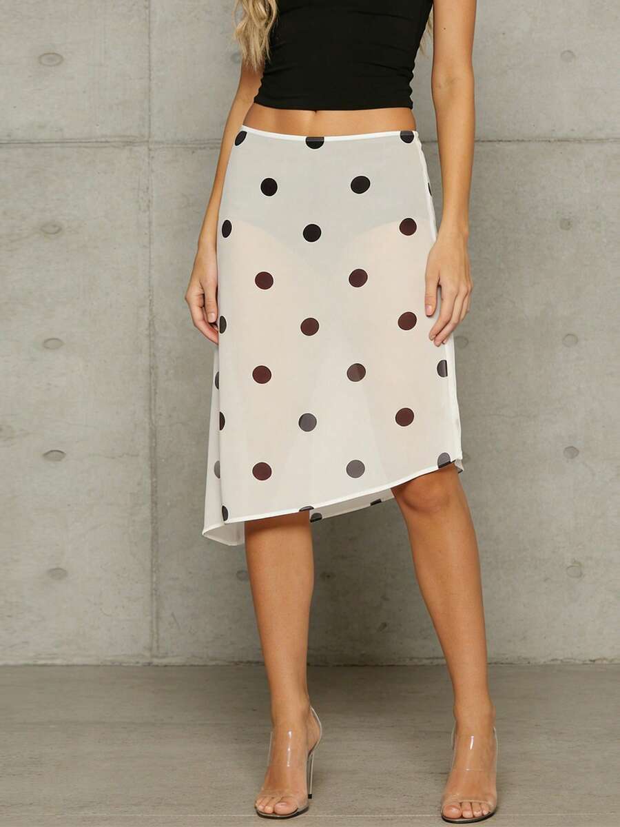 Falda midi de gasa transparente con estampado de lunares y bajo asimétrico para mujer, ideal para viajes, playa y compras. - Blanco - Ver 1