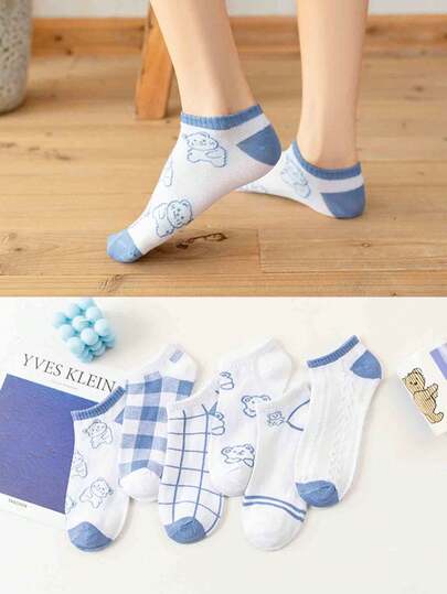5 đôi tất cổ ngắn nữ màu trắng họa tiết gấu trúc dễ thương và kẻ caro, thích hợp cho mùa xuân/hè.