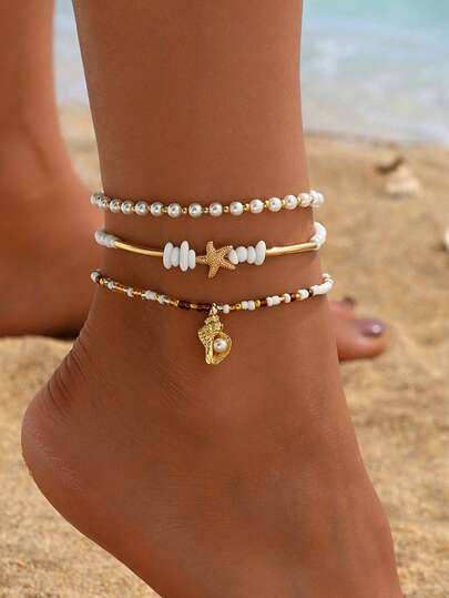 3pcs Bohemian Style Beaded Ankle Chain Vacation Beach Starfish Conch Pendant Layered Ankle Chain Set