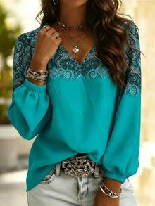 Women's Bohemian Style Green Floral V-Neck Loose Long Sleeve Top, Elegant Pattern T-Shirt, Casual Daily Wear, Spring/Summer Outdoor/Beach Outfit - Mint Blue - View 3