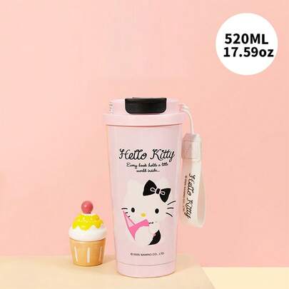 Miniso 三丽鸥 Hello Kitty 系列 304 不锈钢咖啡旅行保温杯 520 毫升 17.59 盎司，黑白 KT / 阅读 KT 双款式可选，便携式挂绳两用防漏保温咖啡杯（1 个）