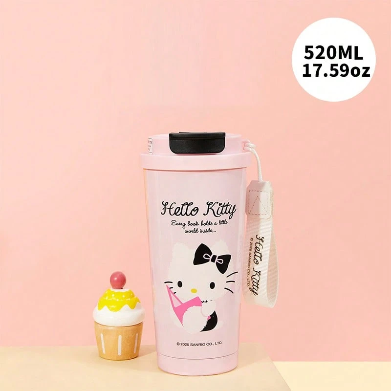 Miniso 三丽鸥 Hello Kitty 系列 304 不锈钢咖啡旅行保温杯 520 毫升 17.59 盎司，黑白 KT / 阅读 KT 双款式可选，便携式挂绳两用防漏保温咖啡杯（1 个） - 彩色 - 查看 1