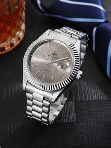 Đồng hồ đeo tay nam chạy bằng pin thạch anh, dây đeo thép cổ điển, hiển thị lịch, nhiều màu sắc để lựa chọn, phụ kiện thời trang thường ngày đa năng. - Bạc - Xem 15