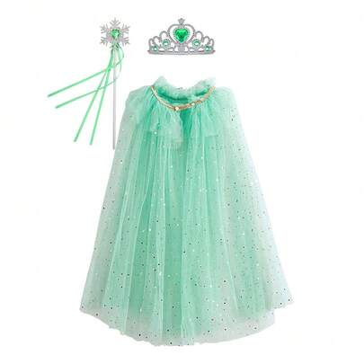Bộ 3 chiếc/Bộ áo choàng ngôi sao đính kim sa màu xanh bạc hà cho bé gái, trang phục hóa trang tiệc Giáng sinh Halloween cho trẻ em, trang phục biểu diễn sân khấu