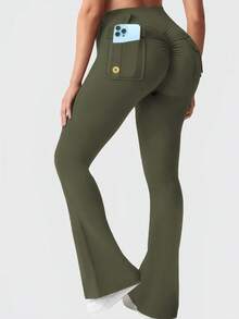 Women's Outdoor Pocket Bell Bottom Pants, Women's Tight Sports Yoga Pants, Casual Multi-Functional Solid Color Slim Fitting Work Pants, Hip Lifting Pants, Women's Classic Casual Sports Spring And Summer Styles - 橄欖綠 - 查看 8