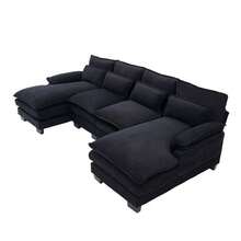 Modern 107.87" U-Shaped Chenille Cloud Sofa With Two Recliners-A Soft And Comfortable 4-Seater Modular Sofa Bed Featuring Double Side Storage Pockets And Cushions Pillows. Filled With High-Density Sponge And Designed For Ergonomic Comfort, Features Sturdy And Durable Wooden Frame. Suitable For Living Rooms, Bedrooms, Offices, And Apartments.(Black) - Black - View 11