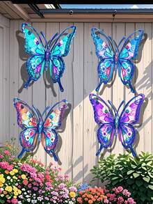 4 piezas Decoración de pared de mariposas de metal coloridas para el jardín, adornos colgantes para valla de patio al aire libre, arte de pared estilo pintado, decoración del paisaje - 4 piezas de mariposa - Ver 1