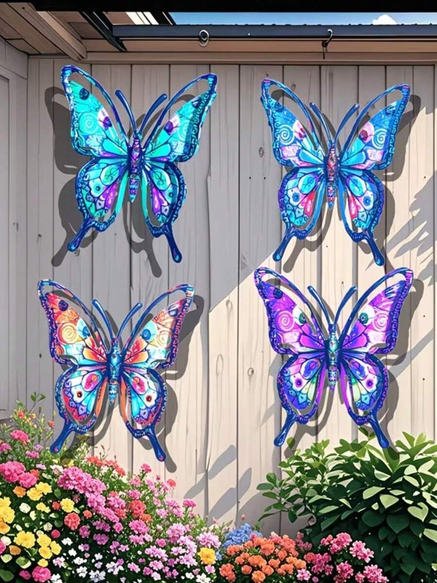 4 piezas Decoración de pared de mariposas de metal coloridas para el jardín, adornos colgantes para valla de patio al aire libre, arte de pared estilo pintado, decoración del paisaje - 4 piezas de mariposa - Ver 1