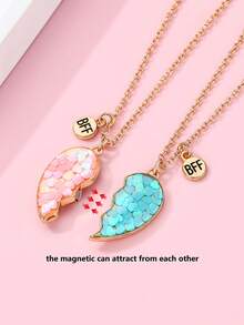 2pcs/Set Cute & Fashionable "Best Friends" Zinc Alloy Glitter Heart Necklace, Suitable For Daily Wear And Festivals - Multicolor - View 4