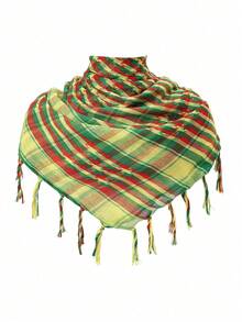 1pc Lightweight Geometric Tassel Patchwork Shemagh Scarf, Tactical Outdoor Camping Oversized Bandana Headwrap, Beach, Holiday, Travel Essential - Red, Yellow, Green - View 1