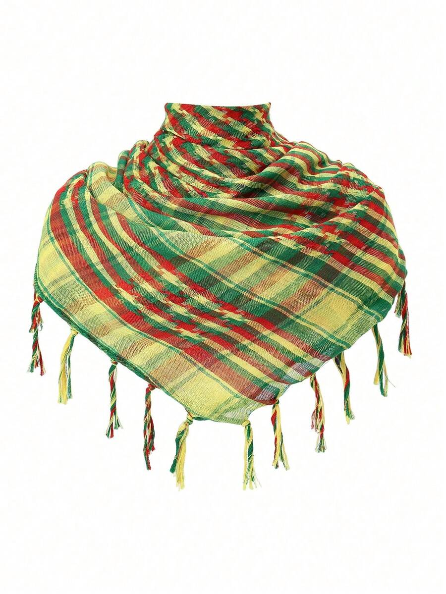1pc Lightweight Geometric Tassel Patchwork Shemagh Scarf, Tactical Outdoor Camping Oversized Bandana Headwrap, Beach, Holiday, Travel Essential - Red, Yellow, Green - View 1