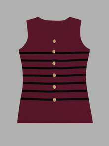 Marisole Retro Fashionable Elegant Metal Button Front Sleeveless Round Neck Business Vest Suit, Women Minimalist Striped Knit Sweater, Spring/Summer/Autumn - Multicolor - View 6