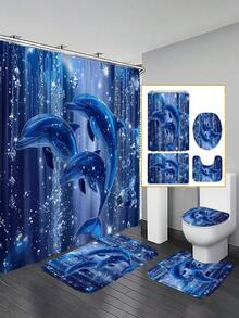 1/3/4 Peças Conjunto de Banheiro com Decoração de Diamante e Golfinho Azul, Decoração para Casa, Cortina de Chuveiro, Conjunto de Acessórios de Banheiro, Inclui Cortina de Chuveiro e Tapete de Banho. Múltiplos Tamanhos de Cortina de Chuveiro (72"X72", 35,4"X72", 47,2"X72", 59"X72") e Conjuntos Combinados, Feitos de Poliéster Resistente à Mofo e à Descoloração. - golfinho - Visão 2