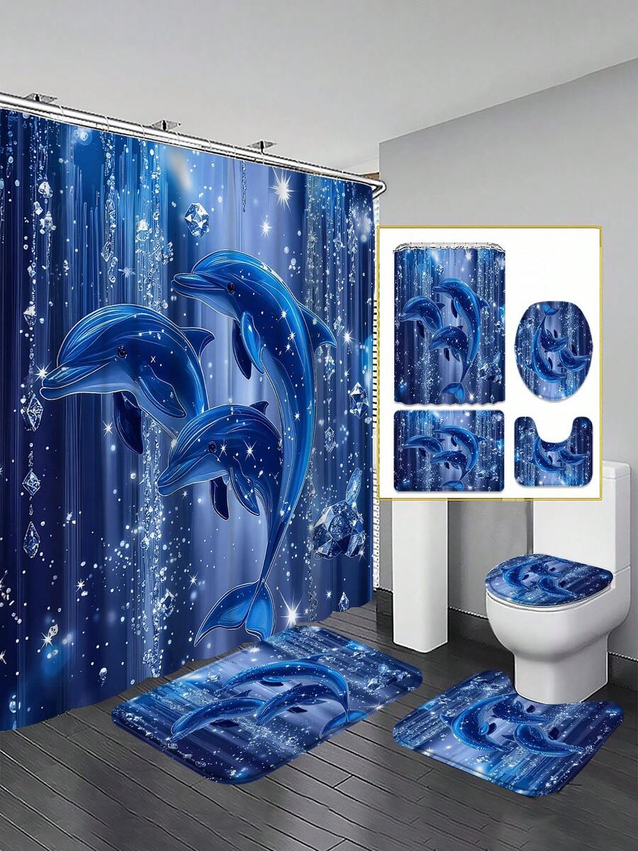1/3/4 Peças Conjunto de Banheiro com Decoração de Diamante e Golfinho Azul, Decoração para Casa, Cortina de Chuveiro, Conjunto de Acessórios de Banheiro, Inclui Cortina de Chuveiro e Tapete de Banho. Múltiplos Tamanhos de Cortina de Chuveiro (72"X72", 35,4"X72", 47,2"X72", 59"X72") e Conjuntos Combinados, Feitos de Poliéster Resistente à Mofo e à Descoloração.