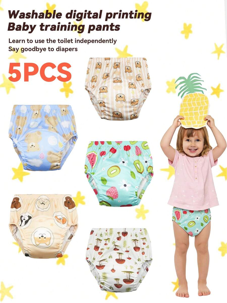 5条装婴儿可重复使用印花如厕训练裤,可水洗尿布内裤,适合幼儿男女宝宝 - 藍底熊 - 查看 1